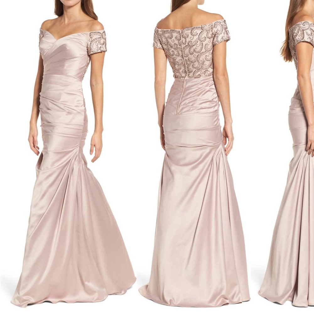 La Femme Gown - Off The Shoulder Beaded - Champagne